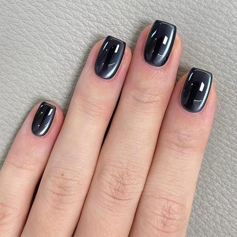 24 Pcs Cat s Eye Press On Nails Short Square YEFIUO Nude Pink Glitter Fake Nails Press ons Nail Art Tip Acrylic Nail Kit Glue on Nails Full Cover Cat s Eye Q09