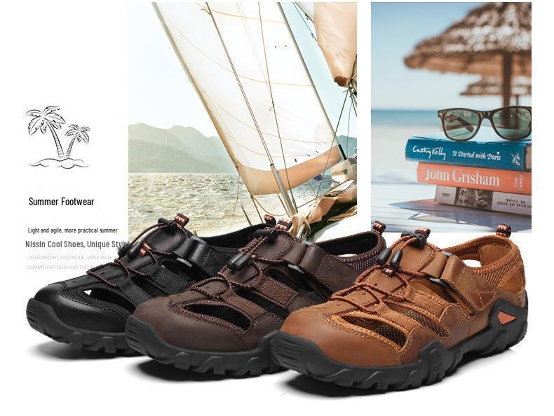 Men's Outdoor Breathable Closed-Toe Leather Sandals - Comfortable, Large Size, Cross-Border Summer Beach Shoes