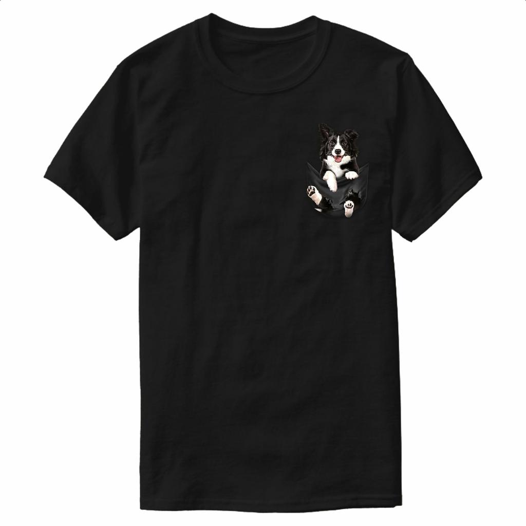 Border Collie In Pocket Cute Puppy Funny Dog Lovers Unisex TShirt 100 Cotton ONeck Summer Short Sleeve Casual Mens Tshirt