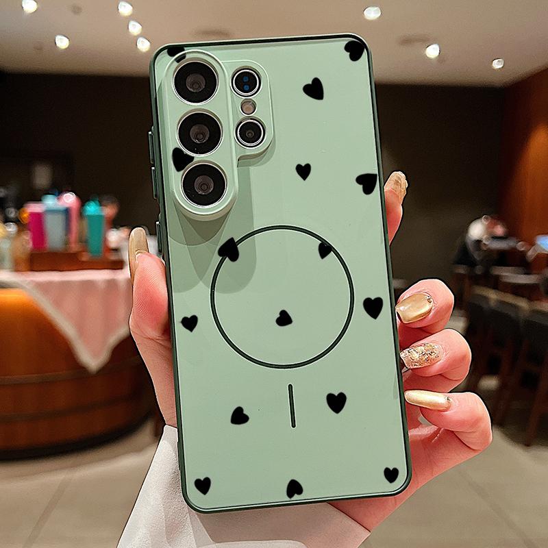 Magnetic For Magsafe Case For Samsung Galaxy S26 Ultra S25 Edge S24 Plus S23 FE S22 A54 A55 A56 5G Black Love Hearts Pattern Matte Cover