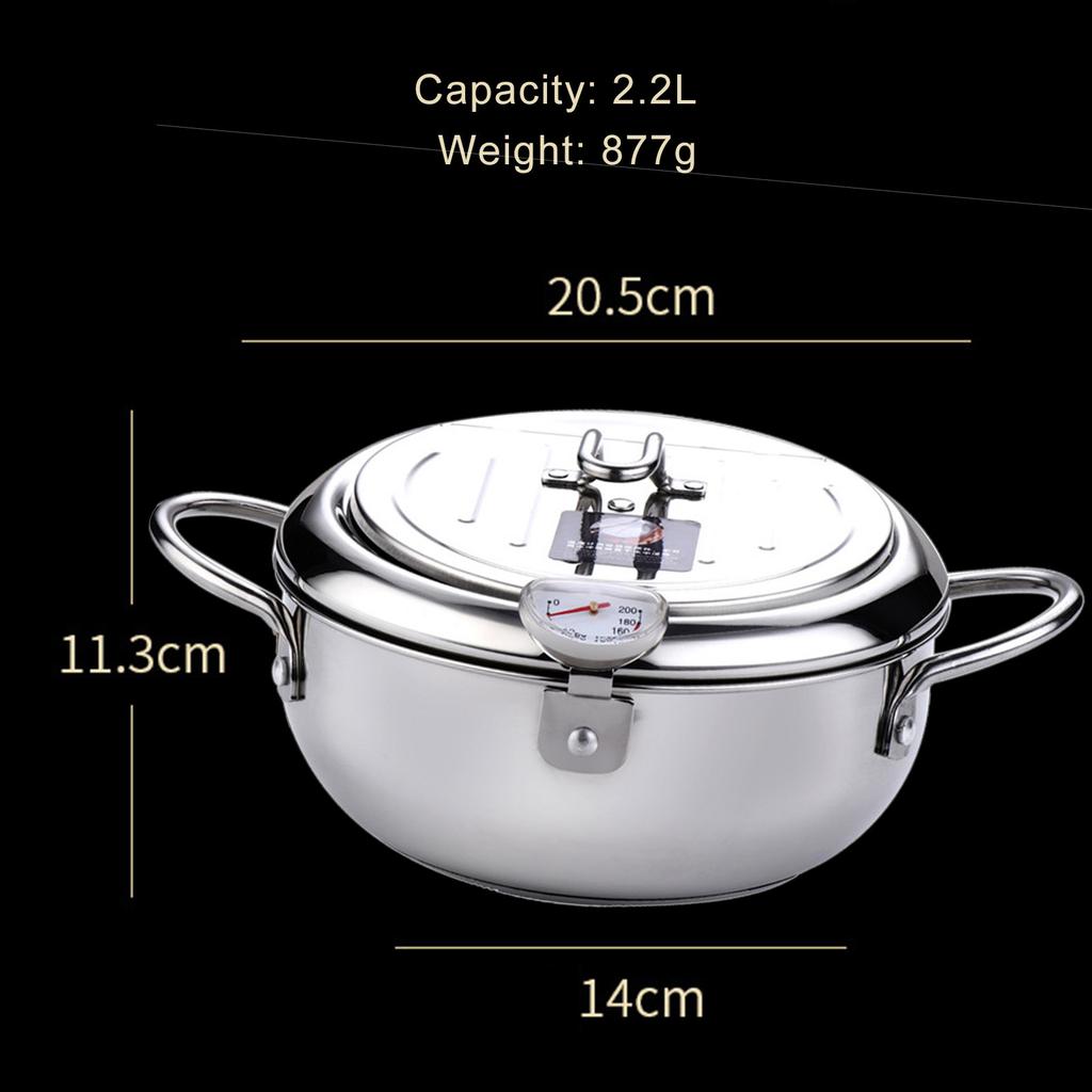 Deep Fryer Pot Stainless Steel Japanese Style Fryer with a Thermometer and Oil Drip Drainer Rack for French Fries Shrimp Chicken Fish