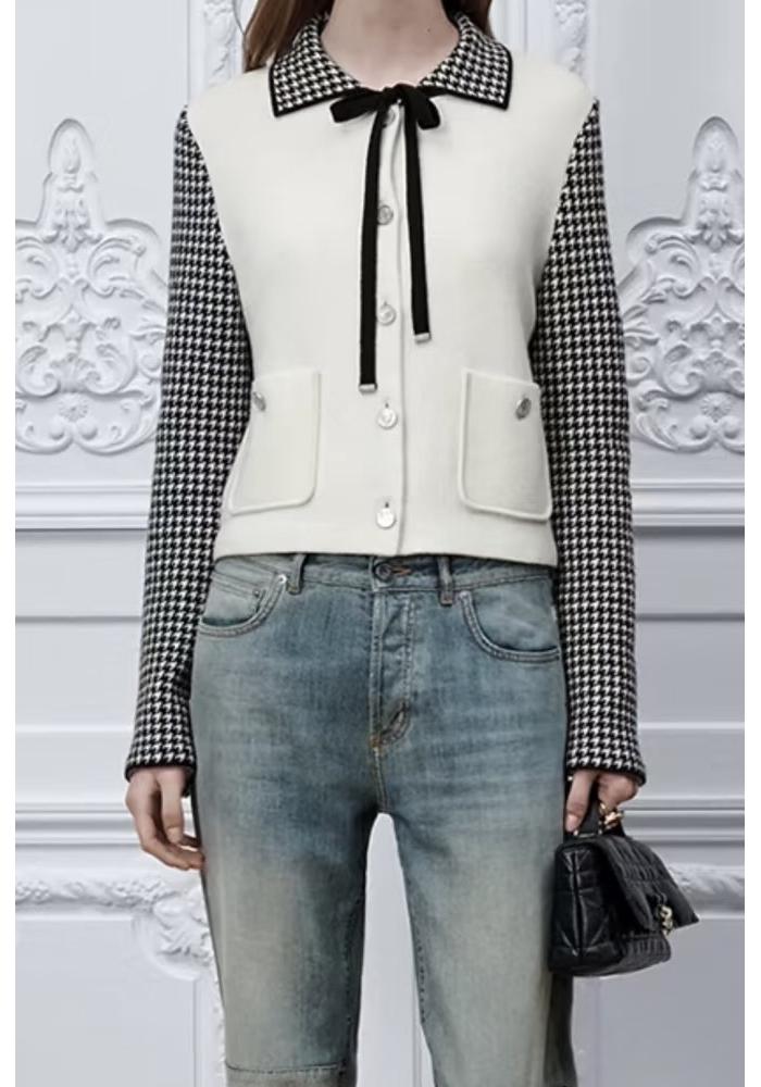 Houndstooth Knit Lapel Cardigan with Tie and Double Pockets