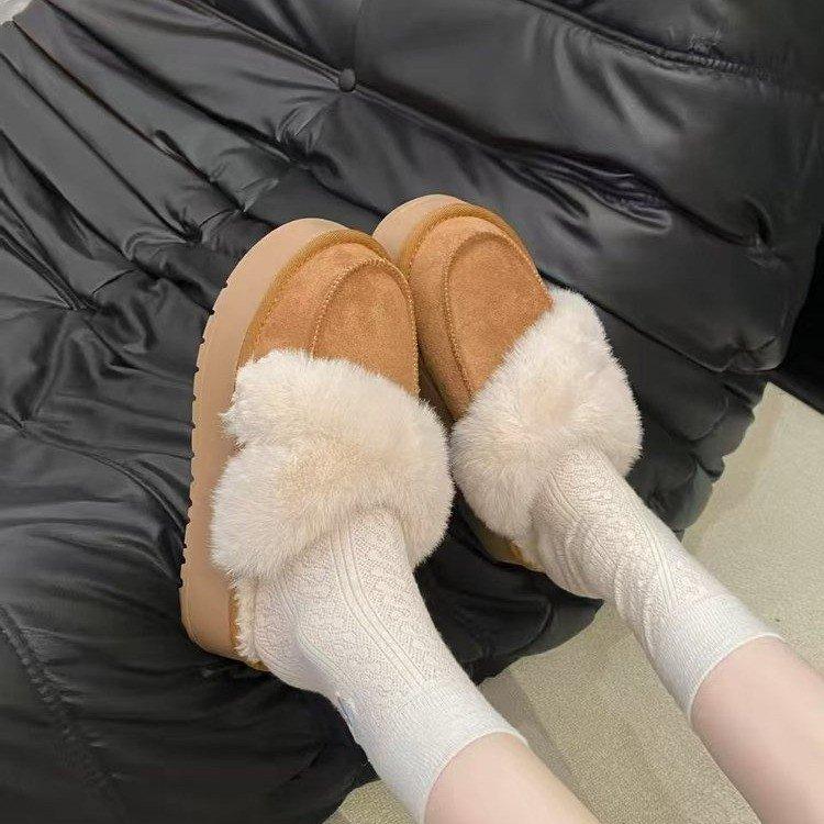 2025 new snow boots women's winter fur integrated wool mouth velvet thick bottom warm outer wear bag head half slippers