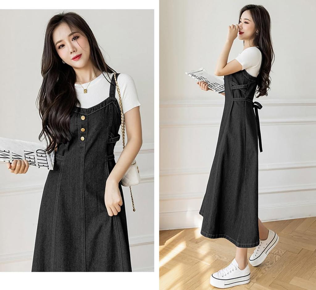 JIYUTOR Denim Jumper Skirt with Solid Back Elastic Midi Plus High Fall Women's Suspenders, Color, Ribbon, V-Neck, Length, Sizes, Waist, Spring,