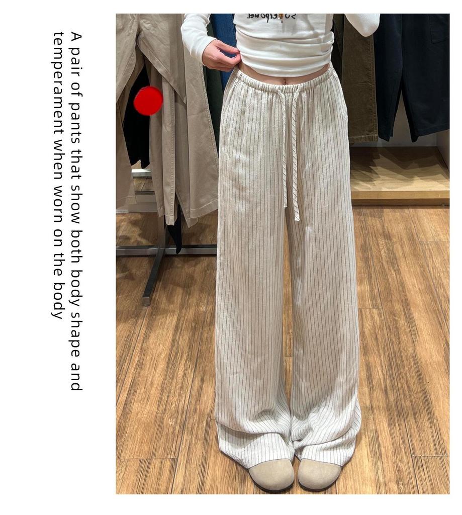 Apricot Striped Linen Wide-Leg High-Waisted Pants for Women - Slimming, Loose, and Casual for Spring 2026.
