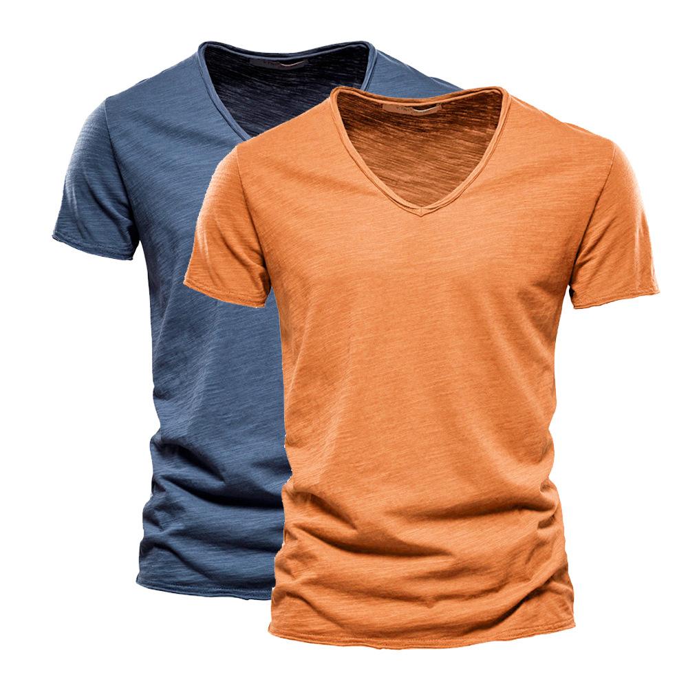 2 PC Summer Men'S New Solid Color Bamboo Cotton V-Neck Short Sleeved Pure Cotton T-Shirt