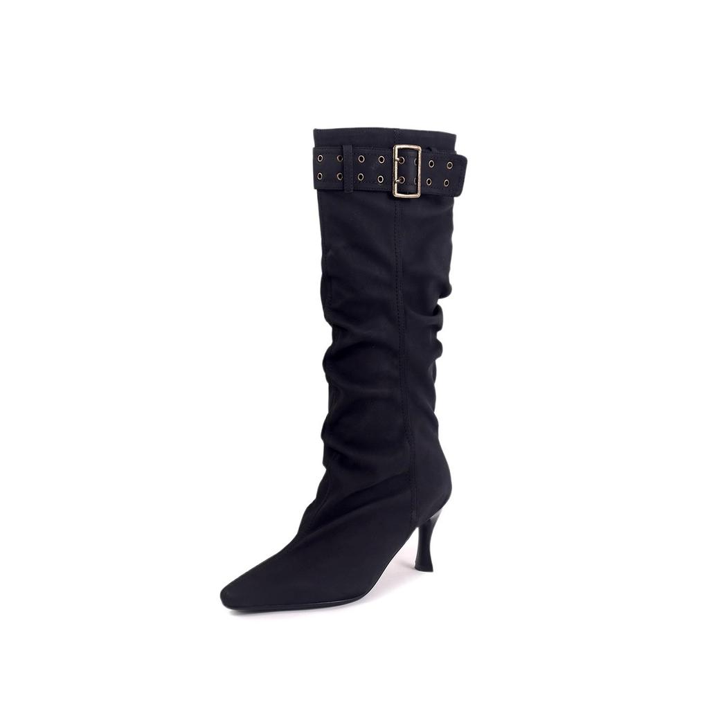 French beautiful pleated high-heeled boots women's autumn and winter new thin heels but knee-high boots
