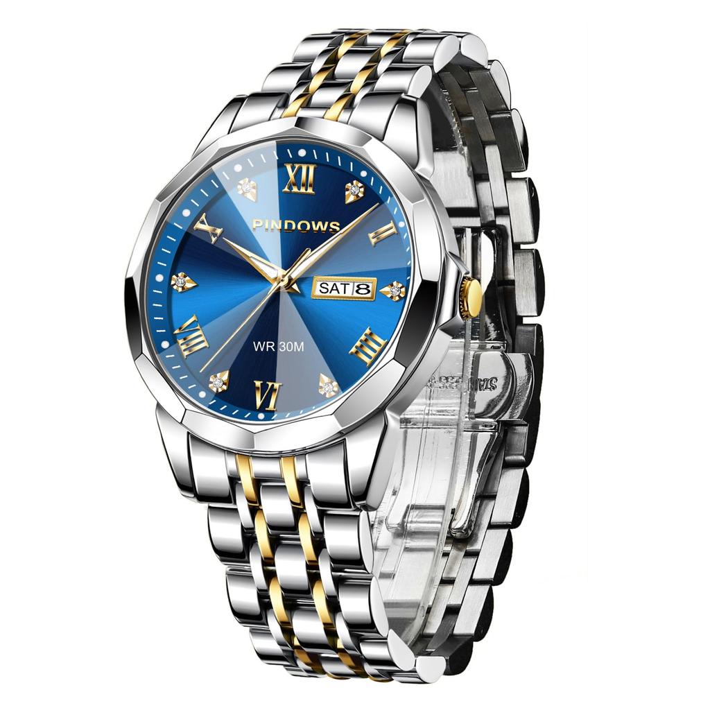 PINDOWS Diamant Business Kleid Analog Quarz Luxus Wasserdicht Leuchtend Datum Edelstahl Klassische Modeuhr Herrenuhr, Anzeige, Zweifarbig