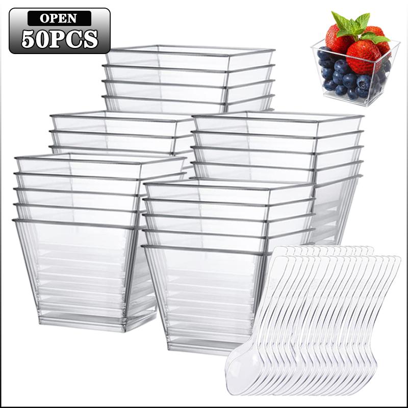 

50PCS 2/4OZ Plastic Dessert Cups with Spoons Clear Mini Square Tumbler Cups for Mousse Pudding Appetizer Party Supplies 2OZ