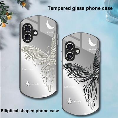 Metallic Butterfly For Apple IPhone 16 11 13 15 14 Pro Max 12 Mini 7 8 Plus XR X XS Elliptical Shaped Tempered Glass Phone Case
