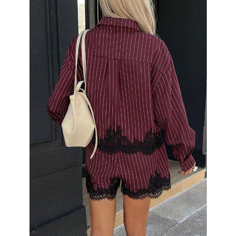 Women Lace Splicing Striped Long Sleeve Shirt And Drawstring Shorts Two Piece Set