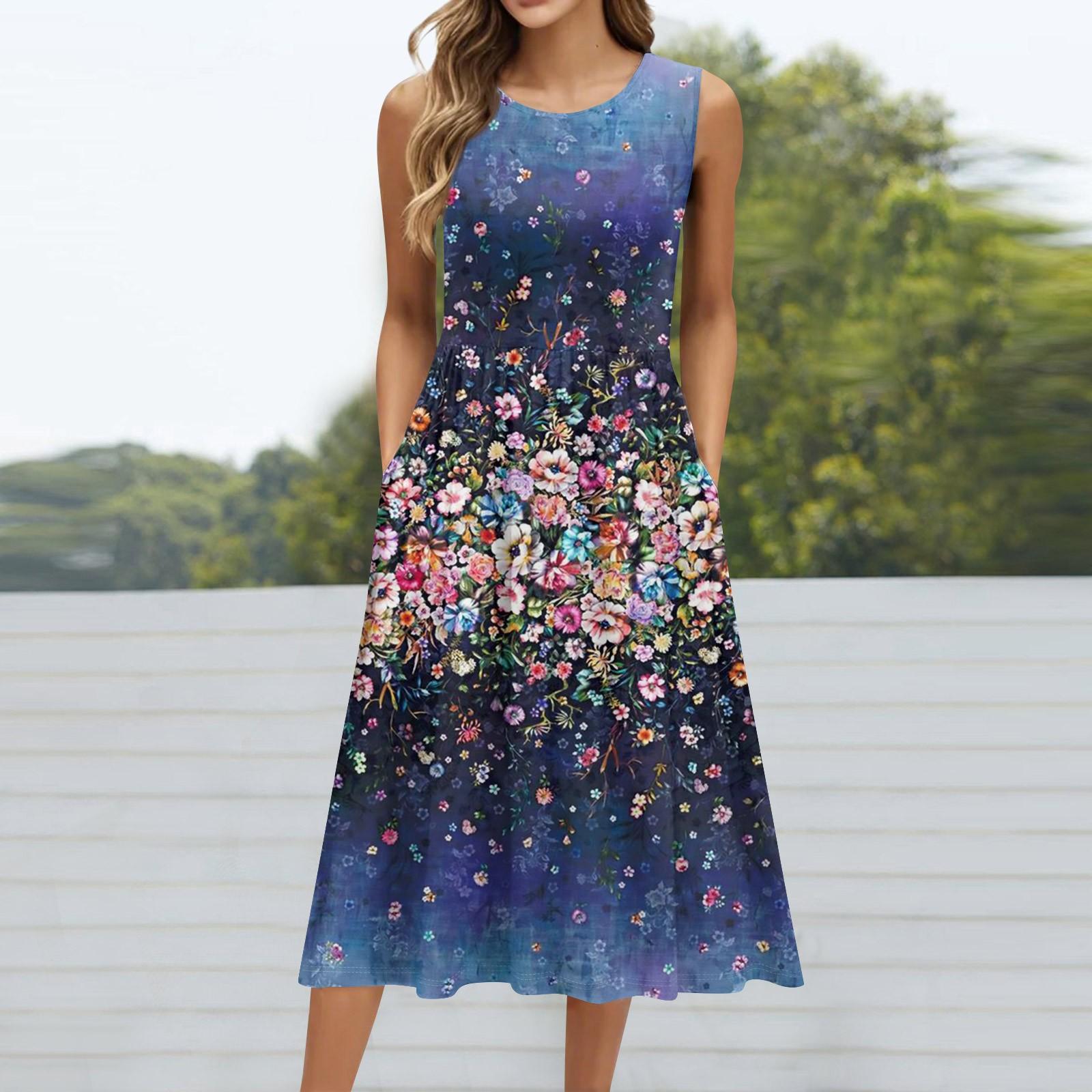 

Женское модное ретро-платье с цветочным принтом, круглым вырезом, без рукавов, повседневным свитером и карманом средней длины M