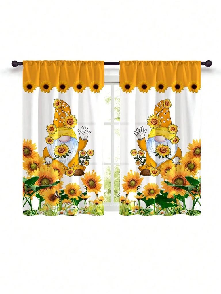 2 Pcs Window curtain,Modern Fresh Checkered Sunflower Printed Home Decoration Kitchen Bedroom Window Curtains With Rod Pocket