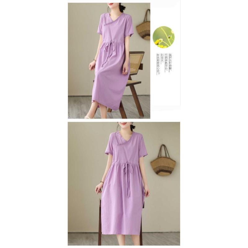 Ethnic Style Wooden Ear Neck Tie Waist Short Sleeve Midi Literary Vintage Dresses