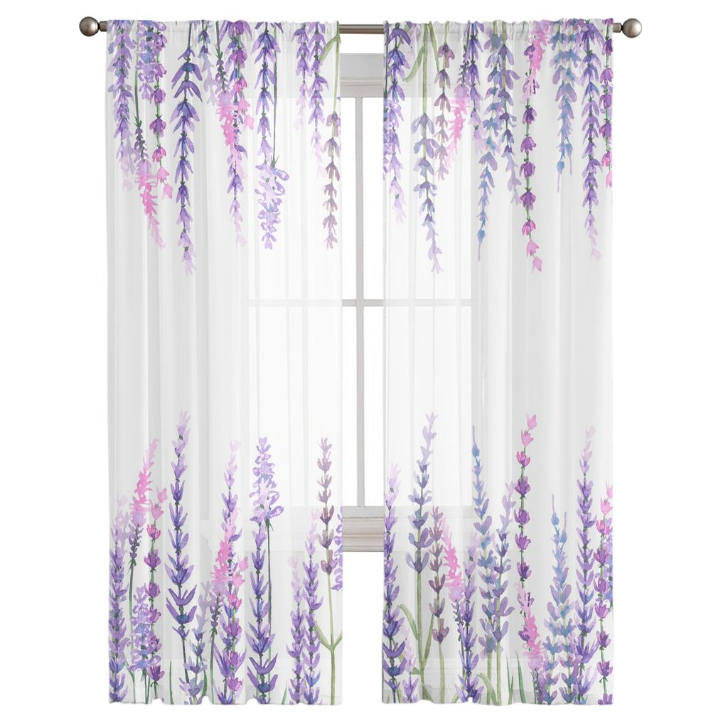 Plant Purple Lavender Watercolor Flower Sheer Curtains for Living Room Modern Voile Curtain Bedroom Tulle Curtains Window Drapes