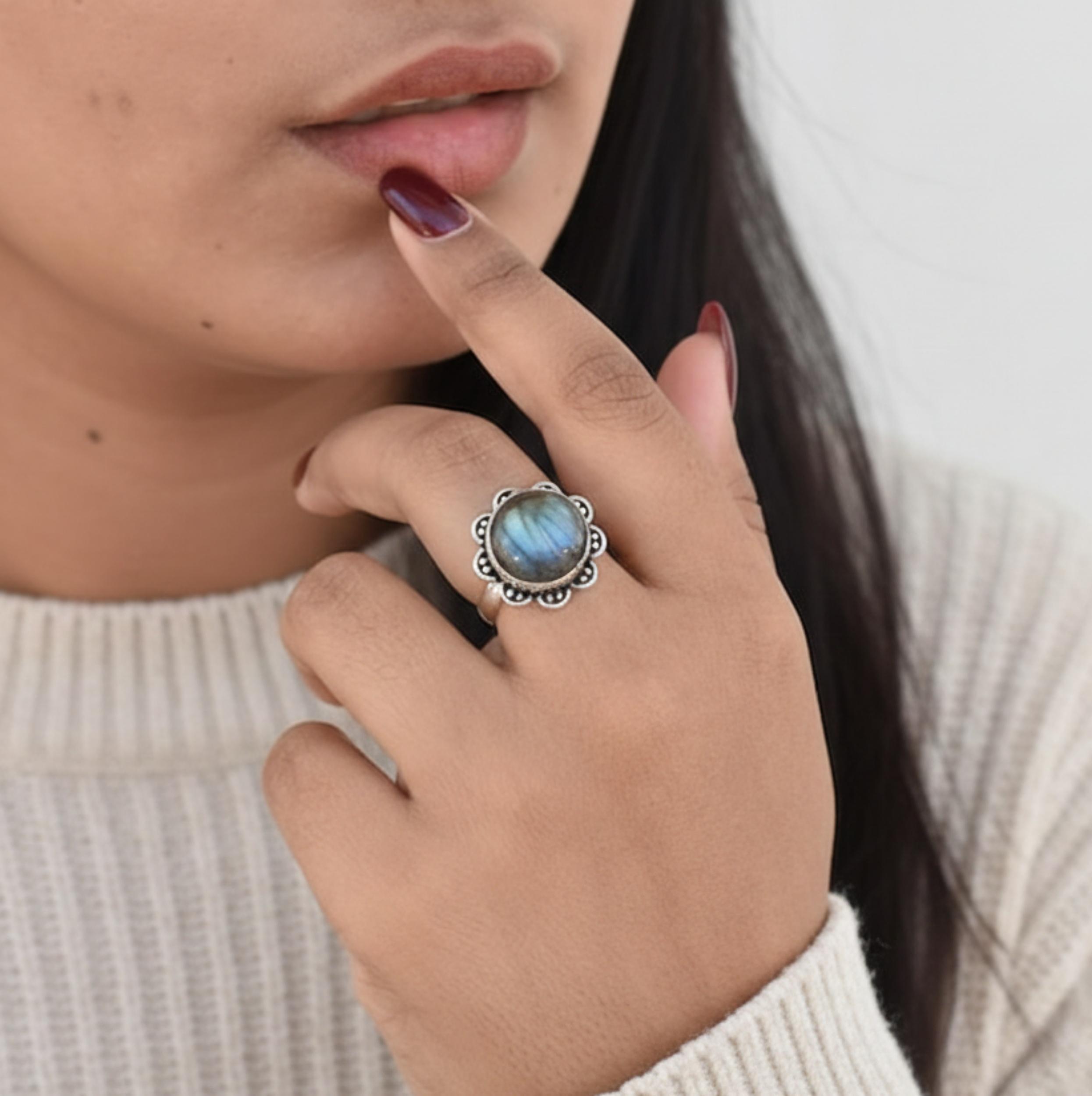 

Blue Flash Labradorite Flower Ring, 925 Sterling Silver, Boho Statement Jewelry for Women 12 серебряный