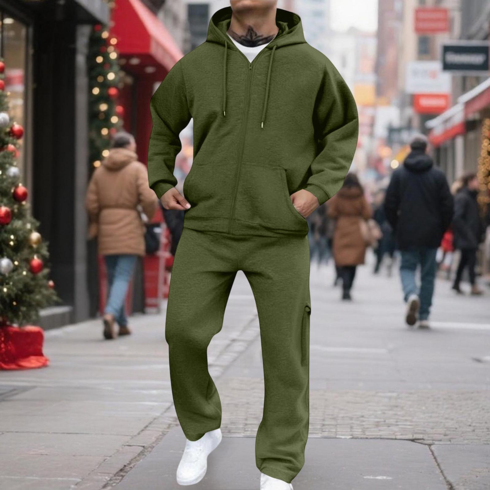 

Men s Classic Two-Piece Set, Fleece Zip Hoodie Jacket & Elastic-Waist Cargo Pants For Casual Outdoor Sports L