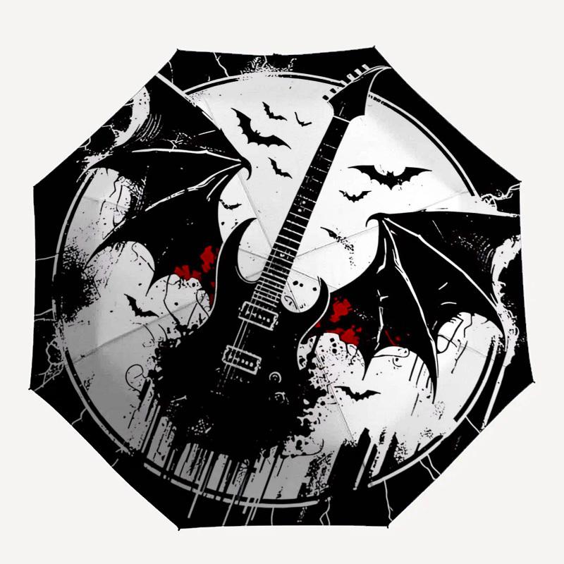 1pc Gothic Guitar Bat Skull Automatic Folding Umbrella, Portable 3-Fold Design, 8-Bone Iron Frame Outdoor Umbrella, Unique Gift for Fans, Travelers, E