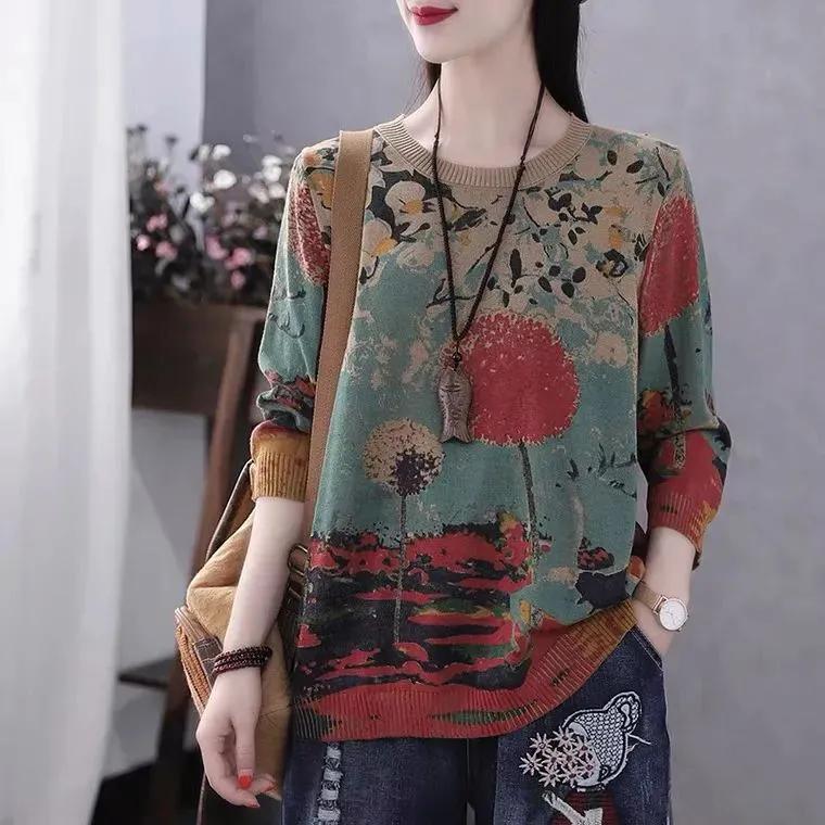 

Женский трикотажный свитер с принтом большого размера, повседневный осенний топ XL хаки