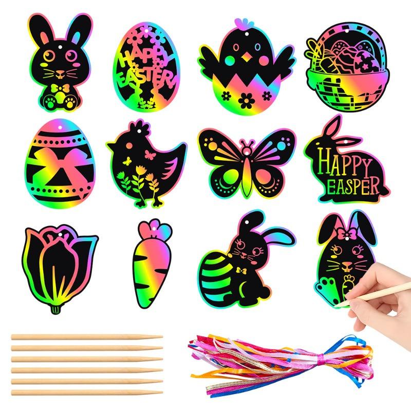 24pcs 2026 New Easter Party Scratch Paintings,Rabbit Festival Scratch Cards,Easter DIY Gift Decoration Hangtags,Home Decoration.
