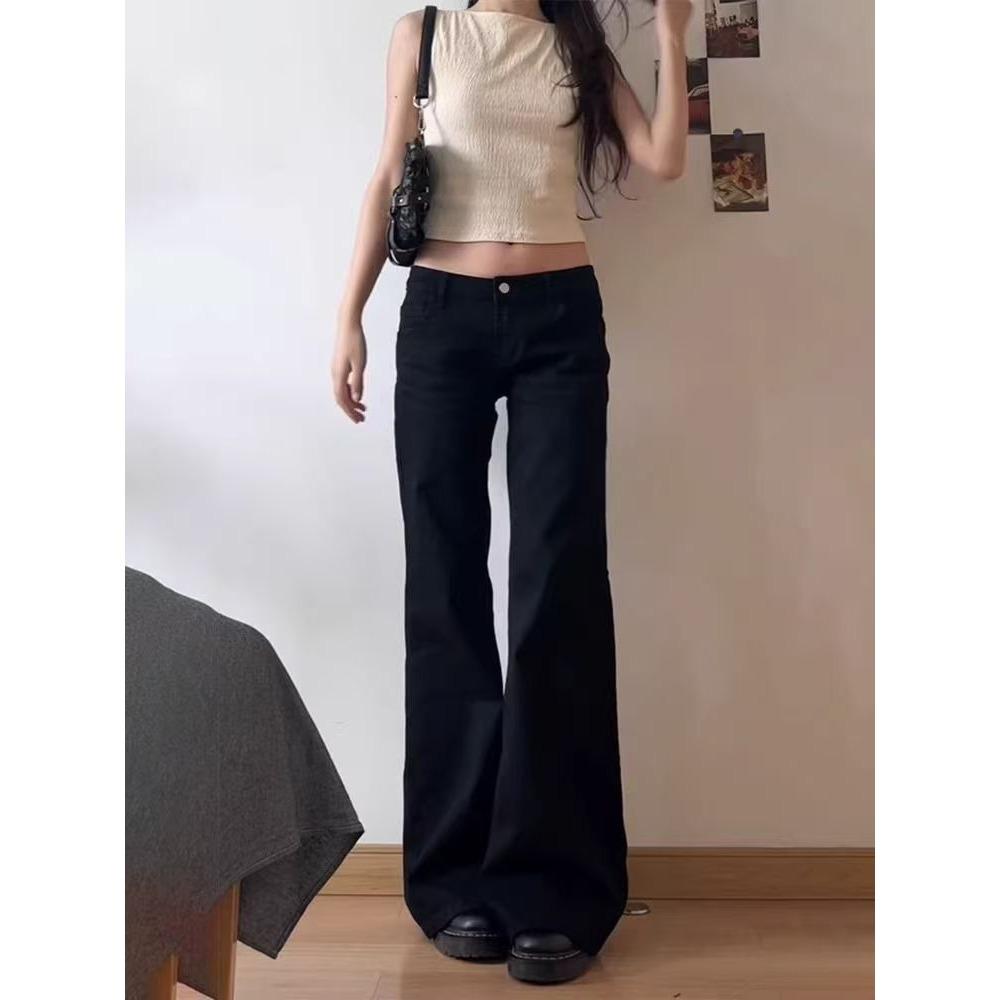 Classic Women's Casual Black Jeans, Low-rise Flared Silhouette with Durable Fabric, Versatile Pants for Crop Tops & Tees