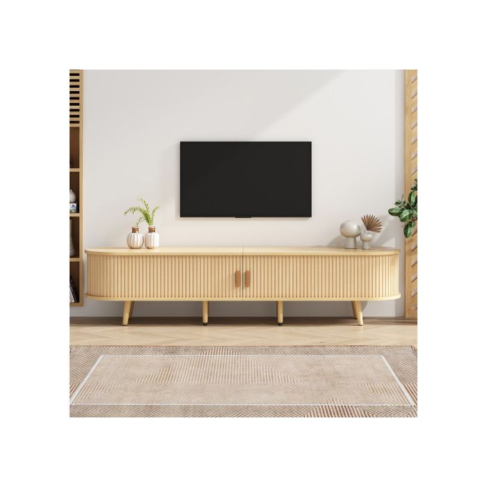 Meuble TV de salon avec espace de rangement + plateau rond MDF veiné bois 2 tiroirs,capacité de charge 30KG Taille 175 x 40 x 42cm