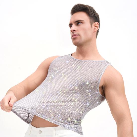 Herren Pailletten Weste Funkelnd Rundhals Ärmellos Shirt Durchsichtig Sexy Tanktop für Musikfestival Rave Nachtclub Bar Party