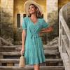 Chic Floral Printed Summer Dress High Waist Slim Fit V Neck Short Sleeve A Line Green Sizes S XXL