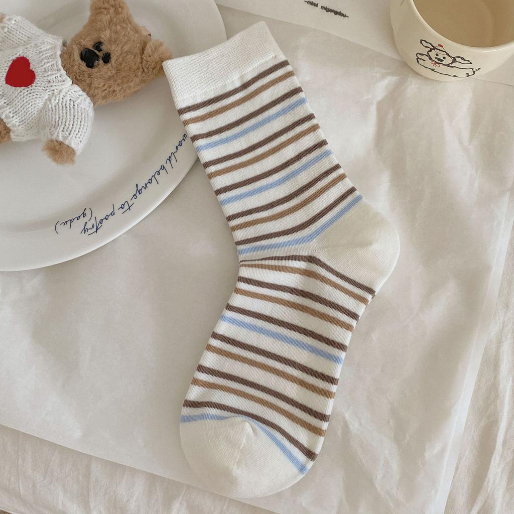 Female Autumn and Winter New Casual Color Stripes Dot Embroidery Small Flower Letter Cute Cartoon Tube Stack Socks