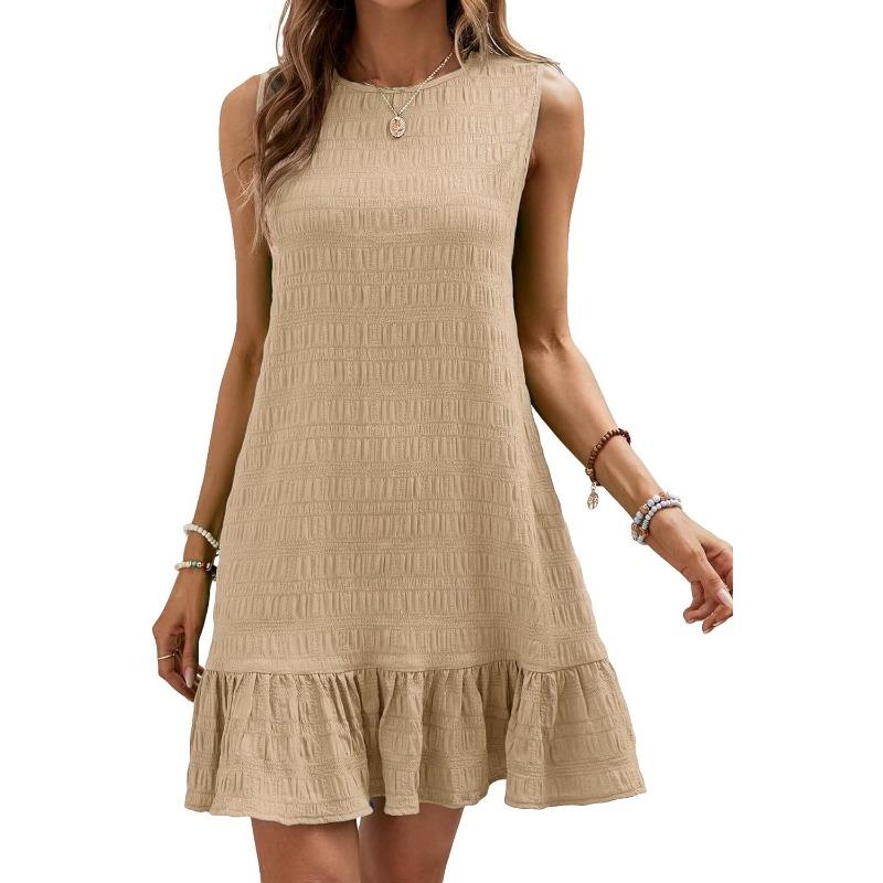 Summer Sleeveless Loose Casual Dress for Women Round Neck New Fashion Pleated Elegant Party Dresses A-line Female Ruffled Hem Clothes 673