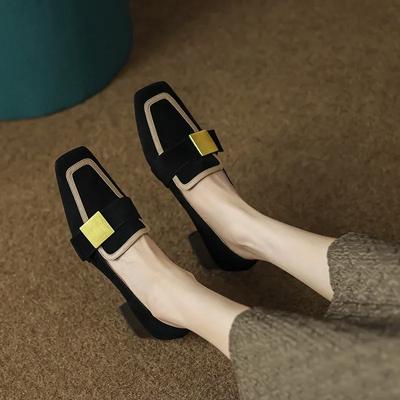 Women Retro Square Buckle Loafer Flat Shoes French Autumn Fashion Elegant Square Toe Chunky Heels Pumps Party Casual Shoes