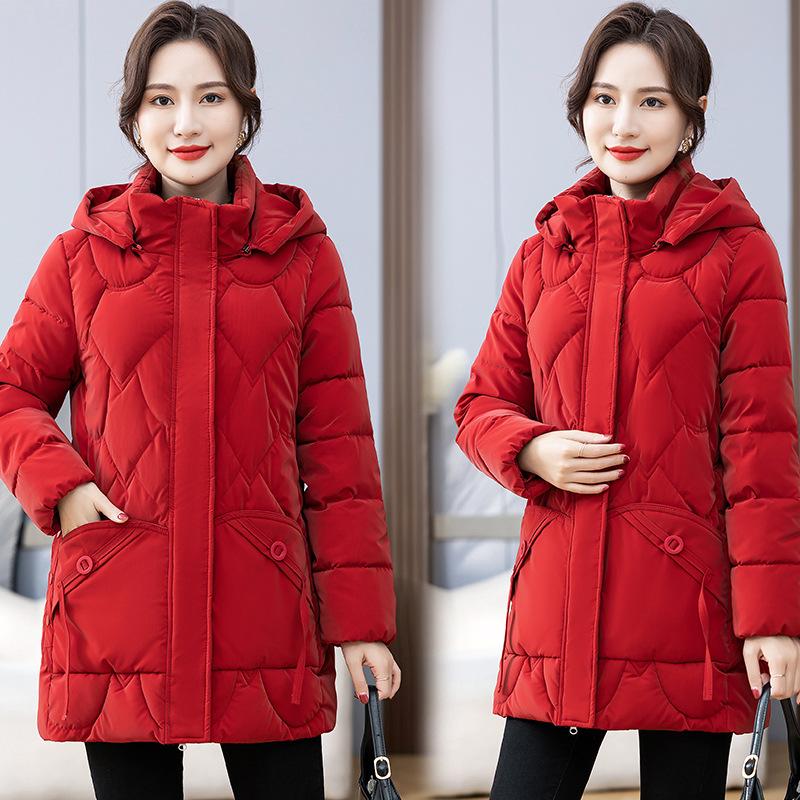 Winter Cotton Clothing for Middle-aged and Elderly Women, Mother's Clothing, Hooded Cotton-padded Jacket, Large Size, Medium-length, Thickened Coat