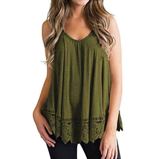 Women Vest Sleeveless Round Neck Lace Hem Solid Color Plus Size