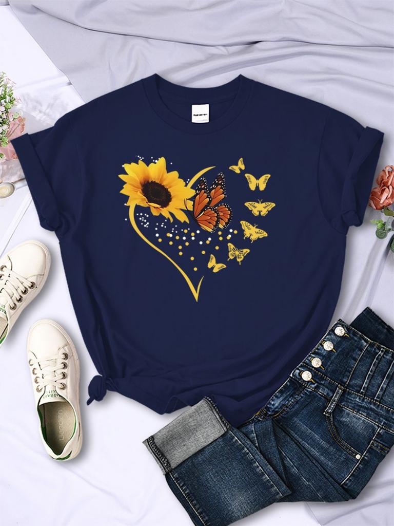 Einfache Damen T-Shirts Sonnenblumen Schmetterlinge Herz-Aufdrucke Kurzarm Bequem Weich O-Ausschnitt Oberteile Sommer Lässig Damenkleidung