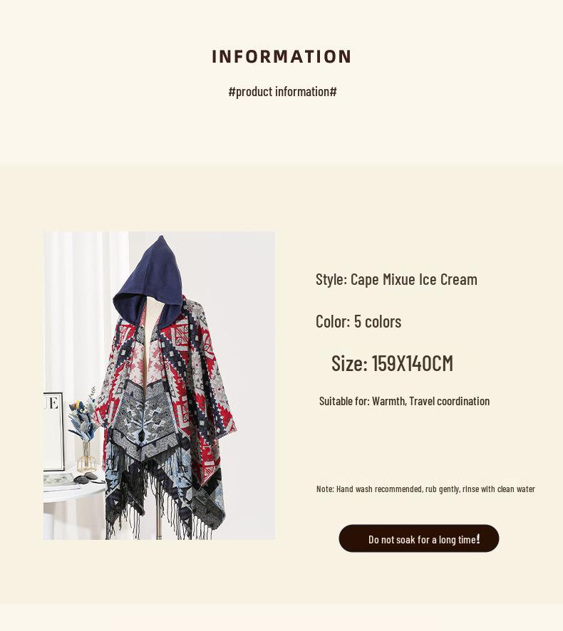 Women's Ethnic Style Hooded Shawl Cloak, Geometric Design for Autumn/Winter, Ideal for Tibet, Qinghai, Yunnan Travel