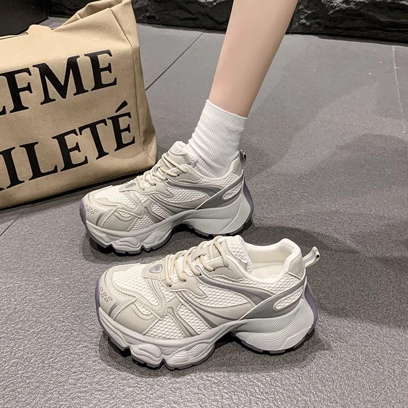 Thick-soled Heightening Dad Shoes Women's Spring New Casual Soft Leather Mesh Breathable Small Sneakers