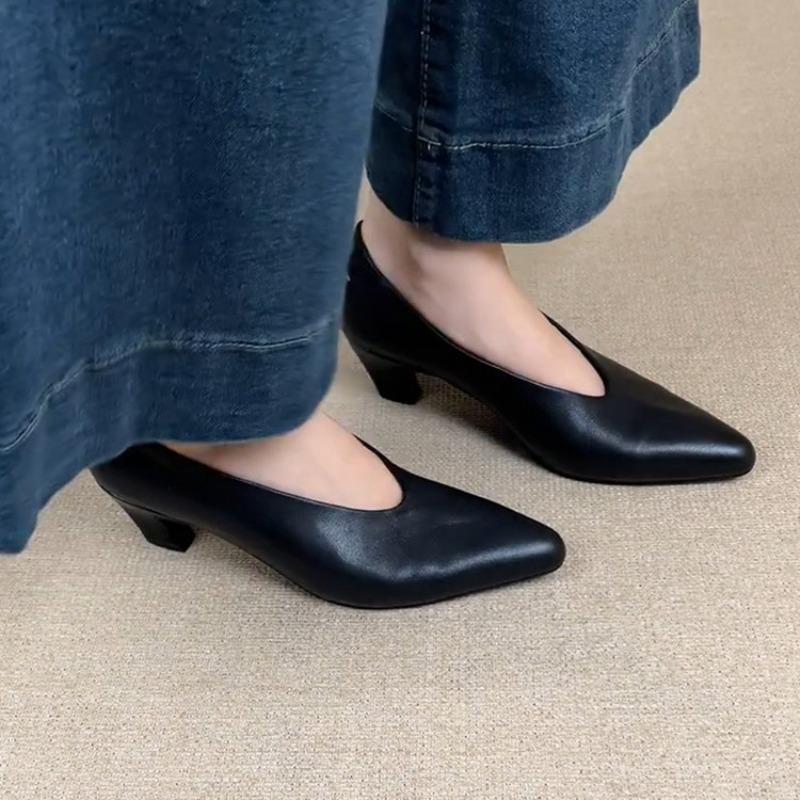 New Black High Heel Dress Shoes for Woman Spring Pointed End Shallow Vintage Office Work Shoes Pumps Zapatos