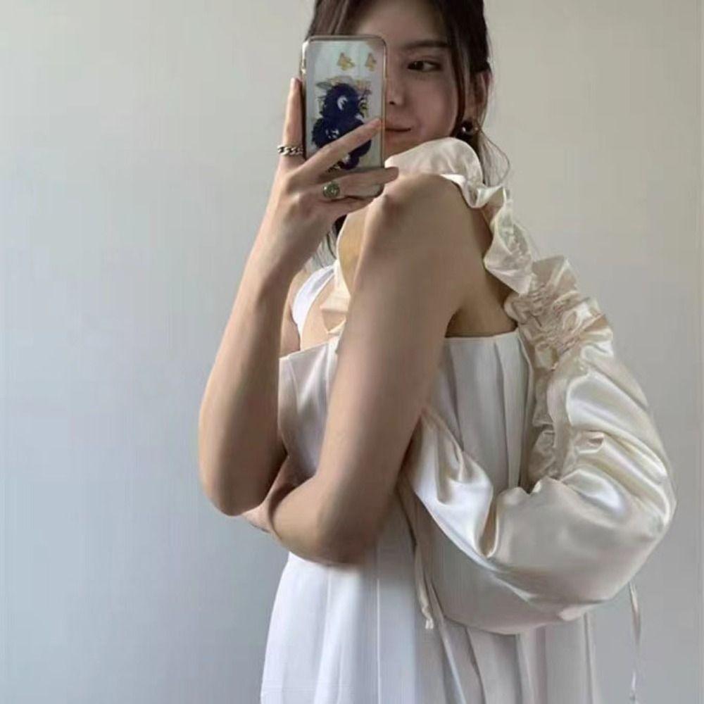 

New Silk Satin Oxford Handbag Fold Big Drawstring Bag Soft Underarm Bag Women белый