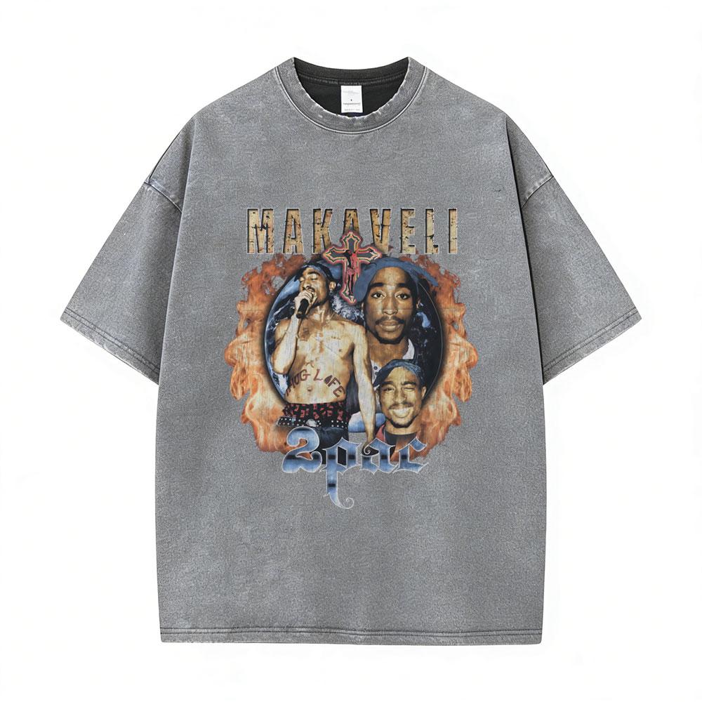 Rapper Tupac 2pac All Eyez On Me Cross Vintage Washed T Shirt Men Hip Hop Fashion Retro Tshirt Mens Casual Oversized Tshirts