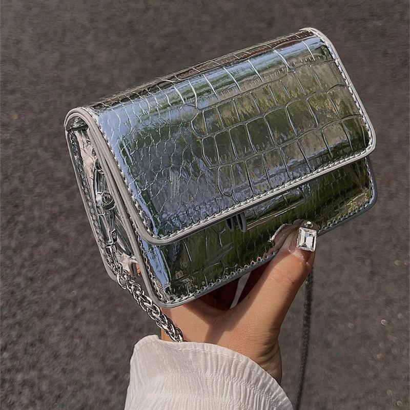 Vintage Women Silver Chic Crossbody Bag Luxury Designer Small Shoulder Bags Fashion Gold Mini Square Cute Pu Leather Handbag