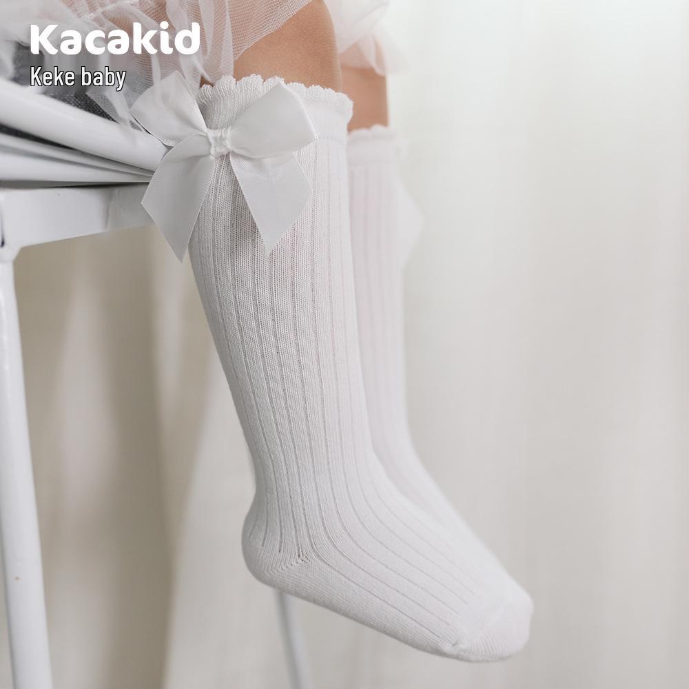Girls' Bow Mid-Calf Cotton Socks - Cute Solid Colors for Spring & Autumn