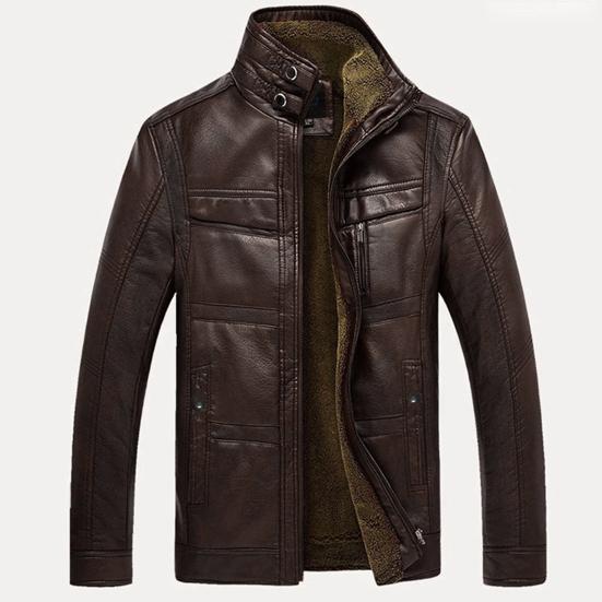Men Long Sleeve Stand Collar Faux Leather Fleece Lined Zip Warm Short