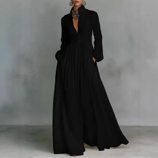 Abito da Donna con Collo Alto Manica Lunga Bottoni Davanti Maxi Abito con Tasche Funzionali Pieghettato