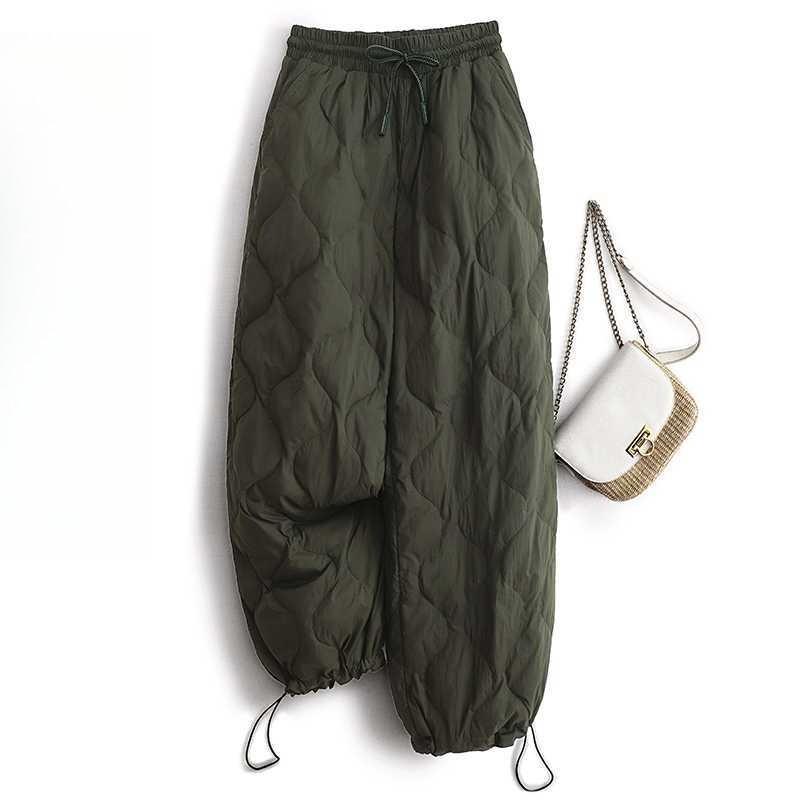 Tie Elastic Waist Diamond Lattice Embossed Line Cotton Pants Female Autumn and Winter New Literary Big Yards Loose Windproof Warm Wide-legged Pants