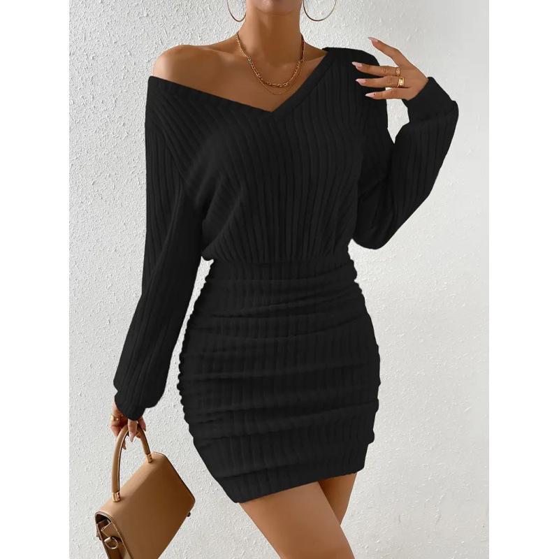 

Autumn/Winter Ribbed V-Neck Long Sleeve Waist-Hugging Dress Extra Large