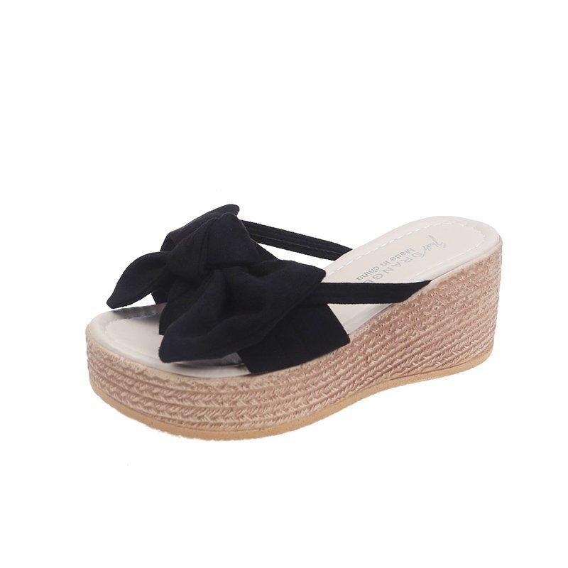 Summer new bow thick bottom slope heel cool slippers wear one-character bow slippers