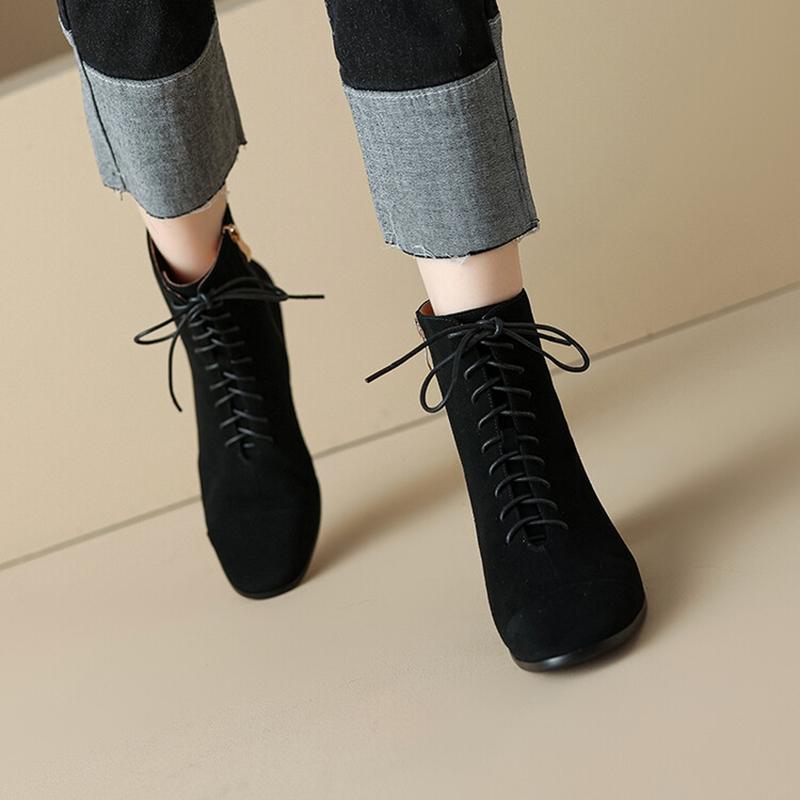 Fashion NEW Autumn Women Boots Kid Suede Leather Shoes for Women Round Toe Chunky Heel Shoes Lace-up Zip Ankle Boots Comfort Daily Shoes