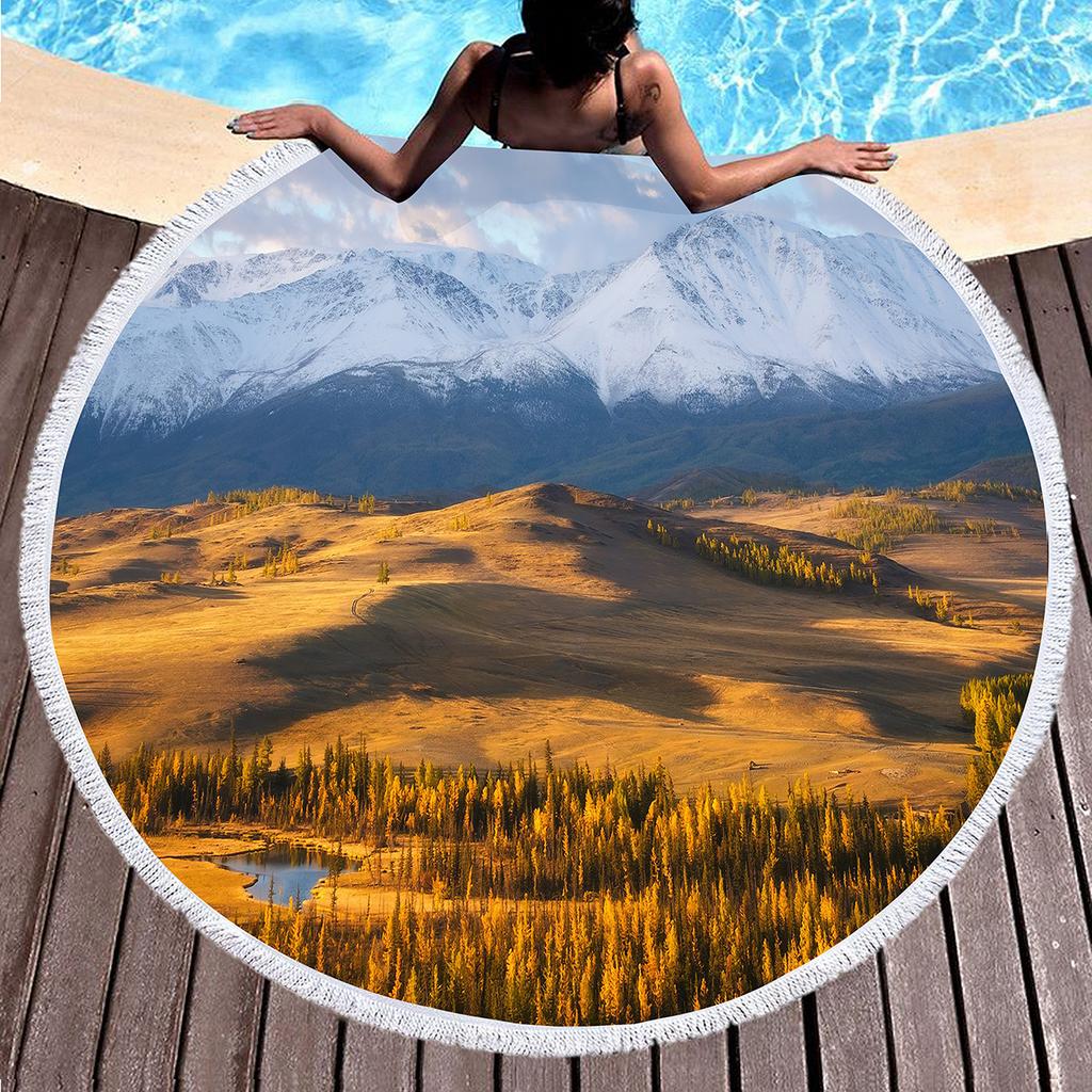 Natural Scenery Round Beach Towel Abstract Mountain Landscape Beach Blanket Sand Free Quick Dry Circle Bath Towel Soft Yoga Mat