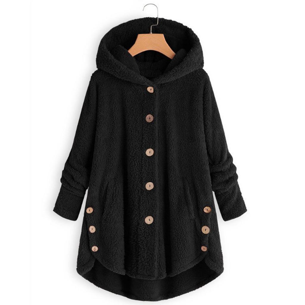 Women's Fashion Solid Color Button Hooded Plush Loose Casual Jacket