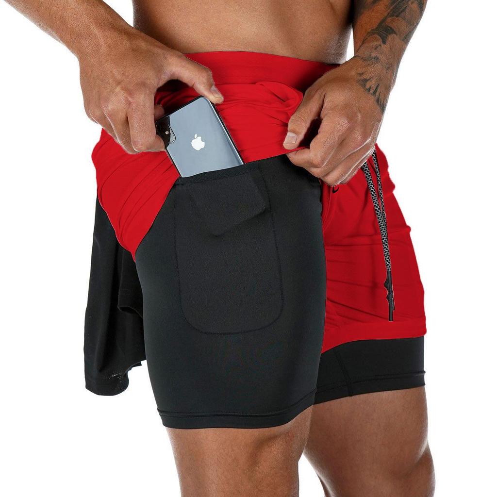 2023 Men's Double-Layer Muscle Running Shorts with Multi-Pocket Design